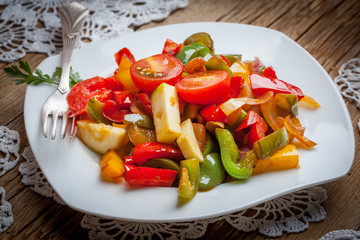 Ratatouille on a rustic table.