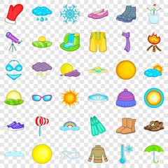 Sunny weather icons set. Cartoon style of 36 sunny weather vector icons for web for any design