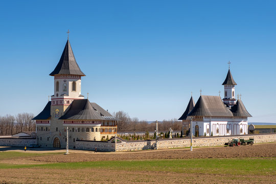 Zosin monastery in Moldavia on a sunny day in spring. Wide view