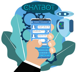 Banner With Chat Bot, chatbot concept, virtual assistant and online support, website or mobile applications. Vector illustration in flat style. Robot online support