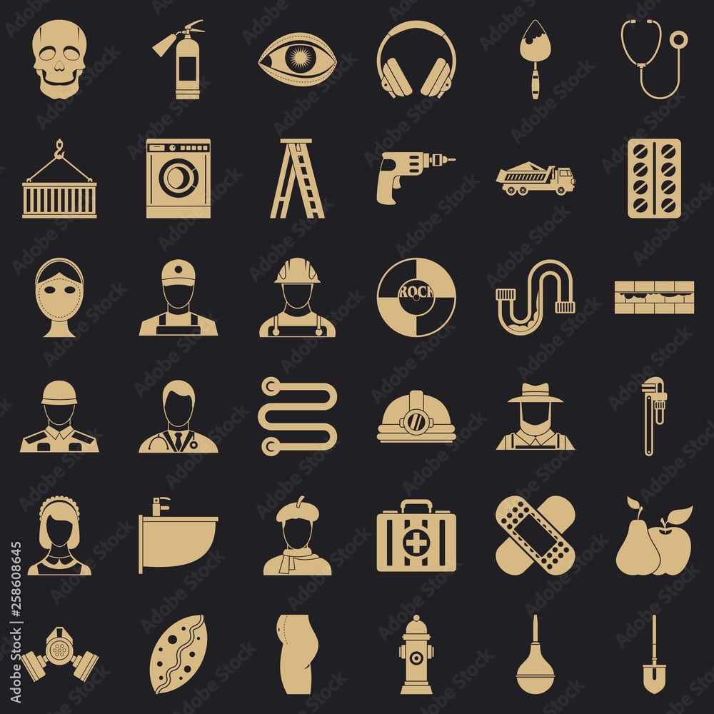 Poster different profession icons set. simple style of 36 different profession vector icons for web for any