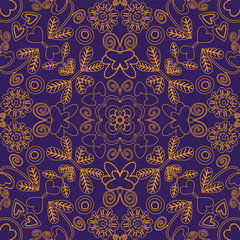 Seamless pattern with stylized floral elements on dark background. Line art.