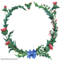 Wreaths from thistle and heather with blue bow-knot