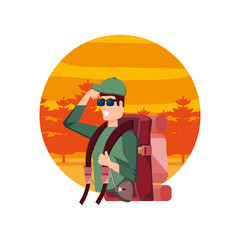 traveler man with travel bag and landscape