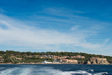 Naklejka na ściany i meble Views of the port of La Tour Fondue from the boat that travels to the island of Porquerolles