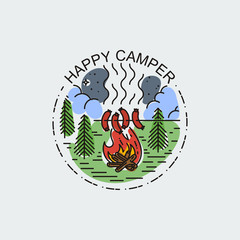 Night camp with fire and barbecue. Nature exploration vector vintage poster