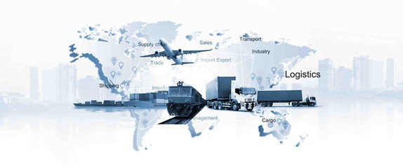 The world logistics,  there are world map with logistic network distribution on background and Logistics Industrial Container Cargo freight ship for Concept of fast or instant shipping