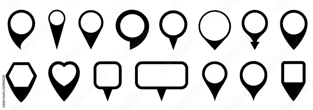 Poster Set pin map marker pointer icon, GPS location flat symbol – vector for stock