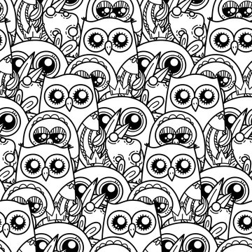 Seamless pattern with cute cartoon owls and furry owlets in pastel colors.