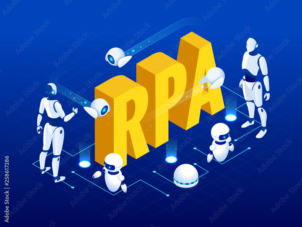 Poster isometric concept of rpa, artificial intelligence, robotics process automation, ai in fintech or mac