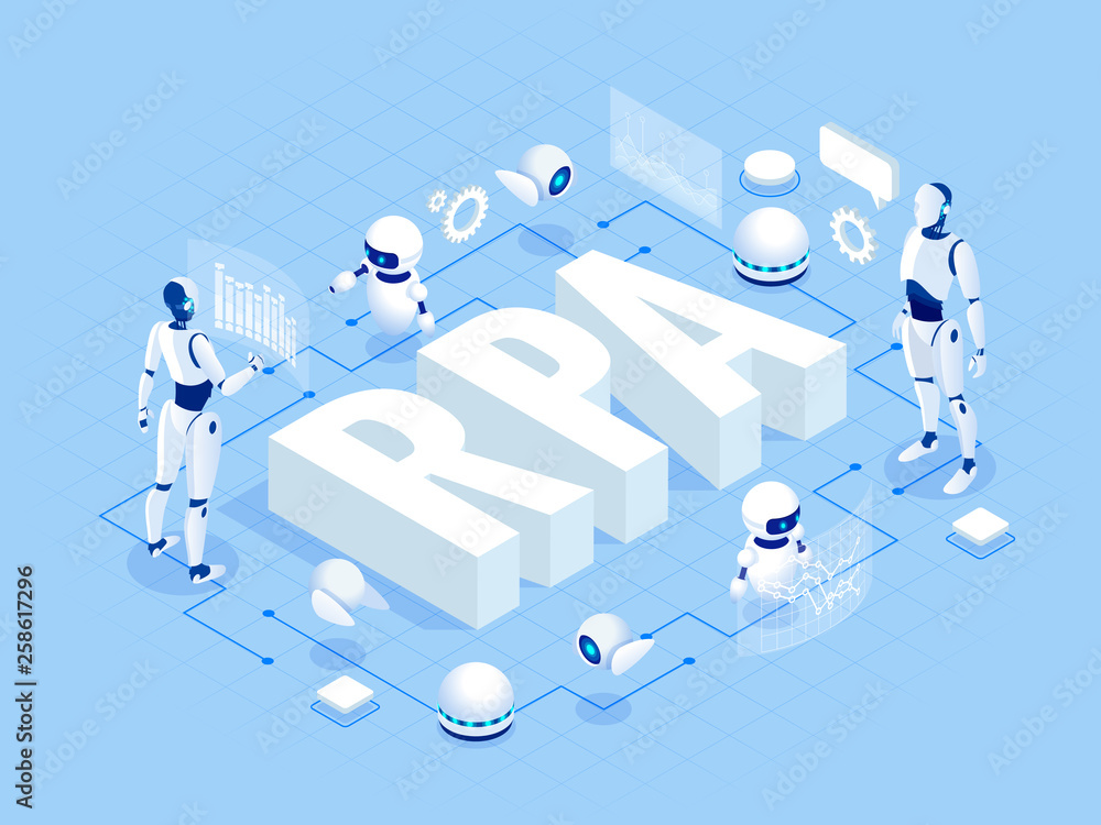 Poster isometric concept of rpa, artificial intelligence, robotics process automation, ai in fintech or mac