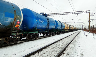 Fototapeta na wymiar Freight train (oil tanks), Izhory station, Saint-Petersburg.