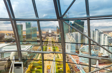 View from survey platform of Bayterek Tower to administrative and culture cenetr of Nur-Sultan...