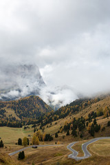 Serpentine Pass Road of Grödnerjoch (Passo Gardena) in Südtirol, Alto Adige. Beautiful curvy road coming up from Val Gardena.