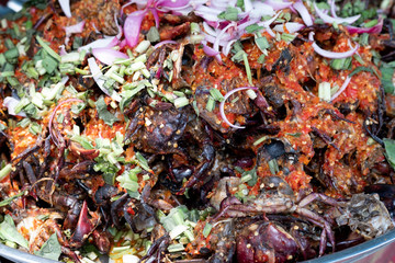 Crab and spicy sauce in local market Thailand. Crab salad.