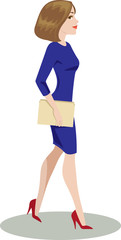 Confident, professional woman holds a file folder as she walks and glances at the viewer with a smile