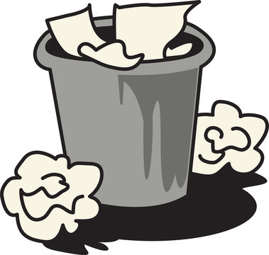 Cartoon wastebasket surrounded by discarded crumpled paper or trash