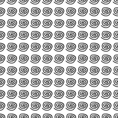 Abstract spiral pattern with hand drawn spirals. Cute vector black and white spiral pattern. Seamless monochrome spiral pattern for fabric, wallpapers, wrapping paper, cards and web backgrounds.