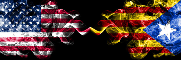 United States of America vs Catalonia, Spain smoky mystic flags placed side by side. Thick colored silky smoke flags of America and Catalonia, Spain