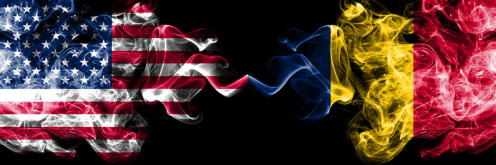 United States of America vs Chad, Chadian smoky mystic flags placed side by side. Thick colored silky smoke flags of America and Chad, Chadian