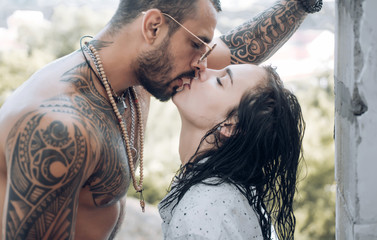 Passion love couple. Romantic moment. Handsome muscular guy and amazing sexy woman. Cosmopolitan...