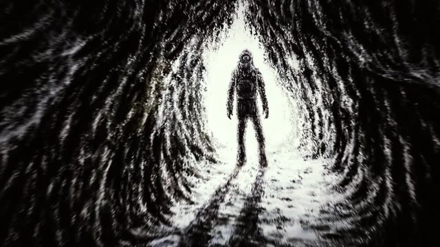 Lone traveler stands at entrance to cave. Drawing digital animation. Genre of horror. Black and white background color.