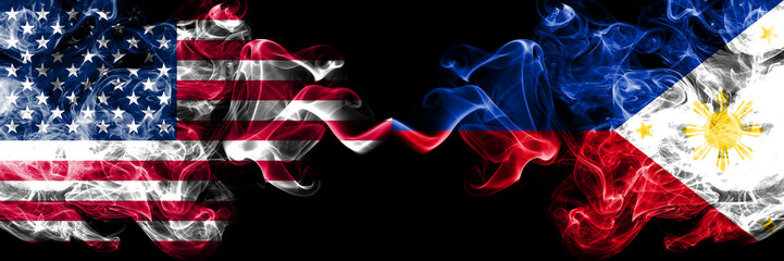United States of America vs Philippines, Filipino smoky mystic flags placed side by side. Thick...