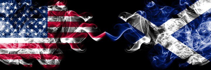 United States of America vs Scotland, Scottish smoky mystic flags placed side by side. Thick...