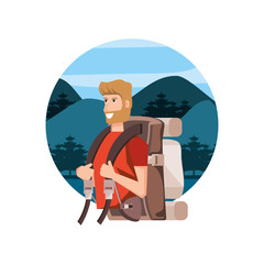 traveler man with travel bag and landscape