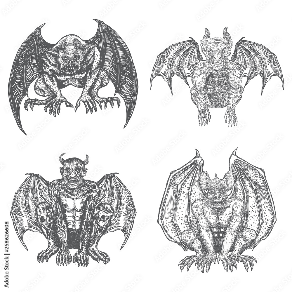Wall mural set of mythological ancient gargoyle creatures, human and dragon like chimera with bat wings and hor - Wall murals