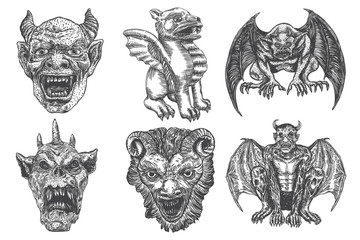 Set of gargoyle in sitting aggressive position to attack.  Human and dragon bat like demon Chimera fantastic beast creature with horns fangs and claws. Hand drawn gothic guardians at medieval. Vector