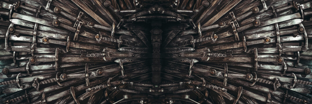Fototapeta Metal knight swords background. Panoramic web banner with copy space. The concept Knights.