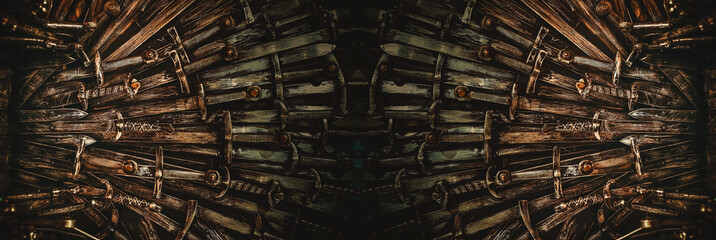 Metal knight swords background. Panoramic web banner with copy space. The concept Knights.