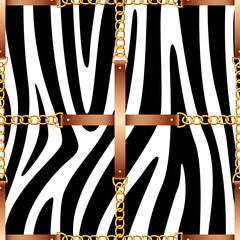Seamless pattern with belts, chains and rope on zebra skin background