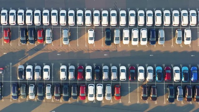 Aerial top view of the dealership parking lot with a rows of new cars on a sunny day