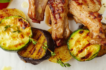 Grilled vegetables with thyme and balsamic vinegar. Delicious meals, Mediterranean cuisine, food photo, restaurant menu, home cooking