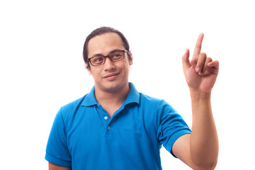 Young Man Pointing Forward, Smiling Expression