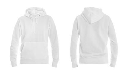 Set of stylish hoodie sweater on white background, front and back view. Space for design