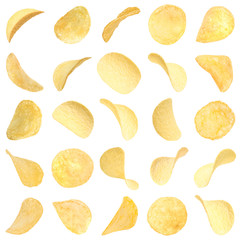 Set of fried crispy potato chips on white background