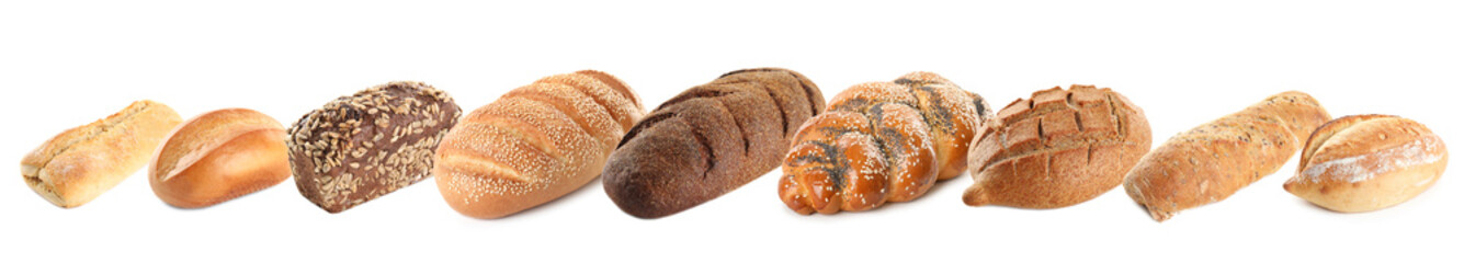 Set of fresh bread on white background