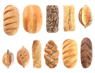Wall murals Bread Set of fresh bread on white background, top view