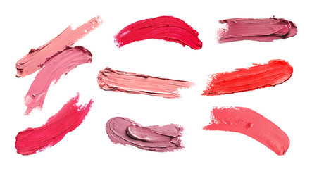 Set of different lipstick swatches on white background, top view - obrazy, fototapety, plakaty