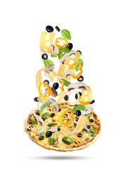 Wooden board with delicious homemade pizza on white background