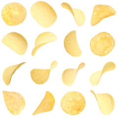 Set of fried crispy potato chips on white background