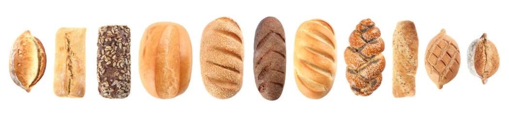 Wall murals Bakery Set of fresh bread on white background, top view