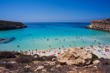 View of the most famous sea place of Lampedusa, Spiaggia dei conigli - obrazy, fototapety, plakaty