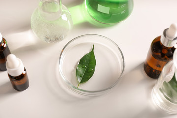Skin care products, ingredients and laboratory glassware on white background. Dermatology research