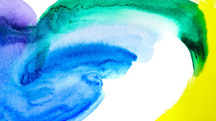 Abstract watercolor hand painting background. Gradient color transitions. Blue, green, purple and yellow colors.