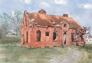 Watercolor painting - philosopher Kant house in Russia Kaliningrad Veselovka (former Judtschen and Kanthausen im Konisberg)