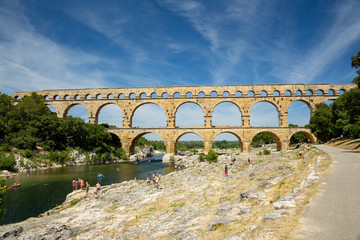 Gard, France July 13th 2015 : The magnificent three tiered Pont Du Gard aqueduct was constructed by...